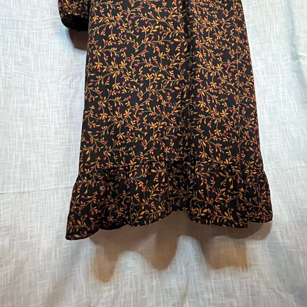 Floral Black Red Long Sleeve Faux Wrap Dress asymmetrical hem ruffle M prairie - Picture 5 of 8